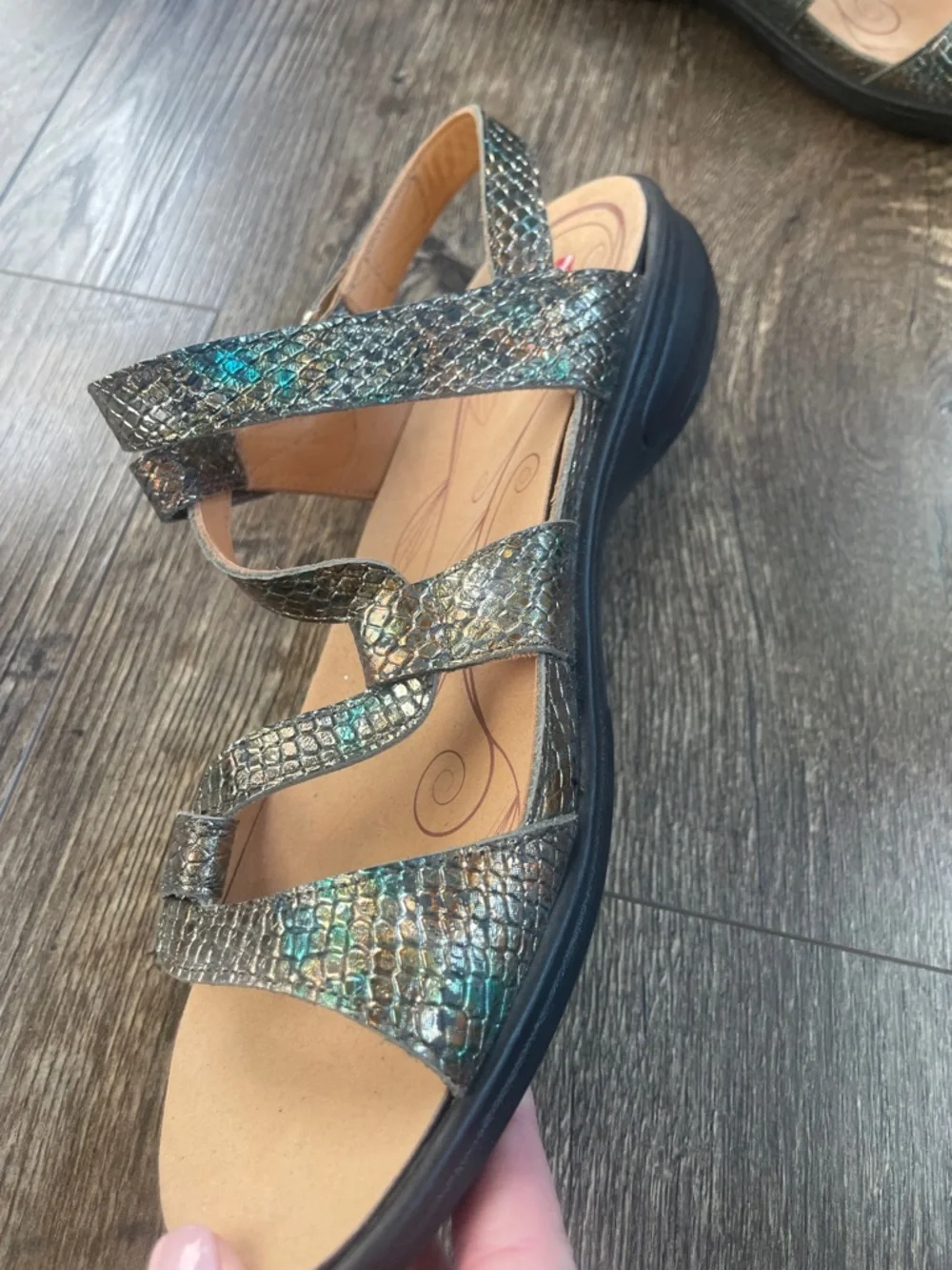 Revere Adjustable-strap leather Sandal Size 11‎ in metallic snake print